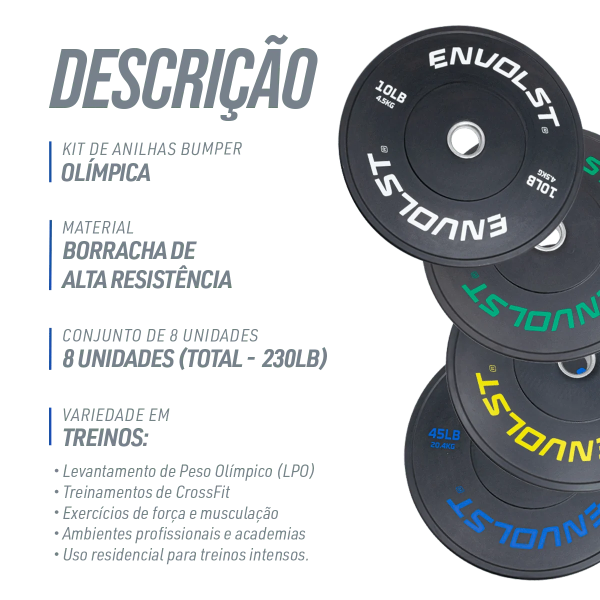 Kit 230Lb Anilhas Olímpicas Bumper Padrão IWF em Libras Envolst