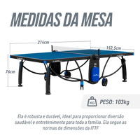 Mesa de tenis de mesa de aco e madeira azul rede e porta itens P8022