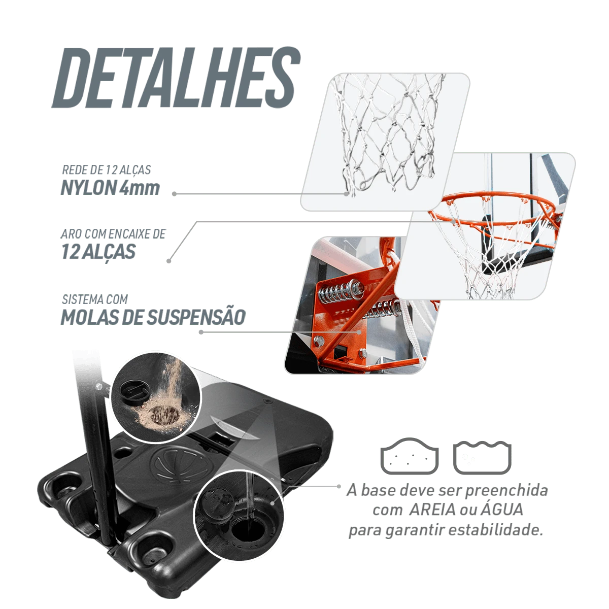 Tabela de basquete adulto móvel com poste, quadro de acrílico e aro modelo premium Velden