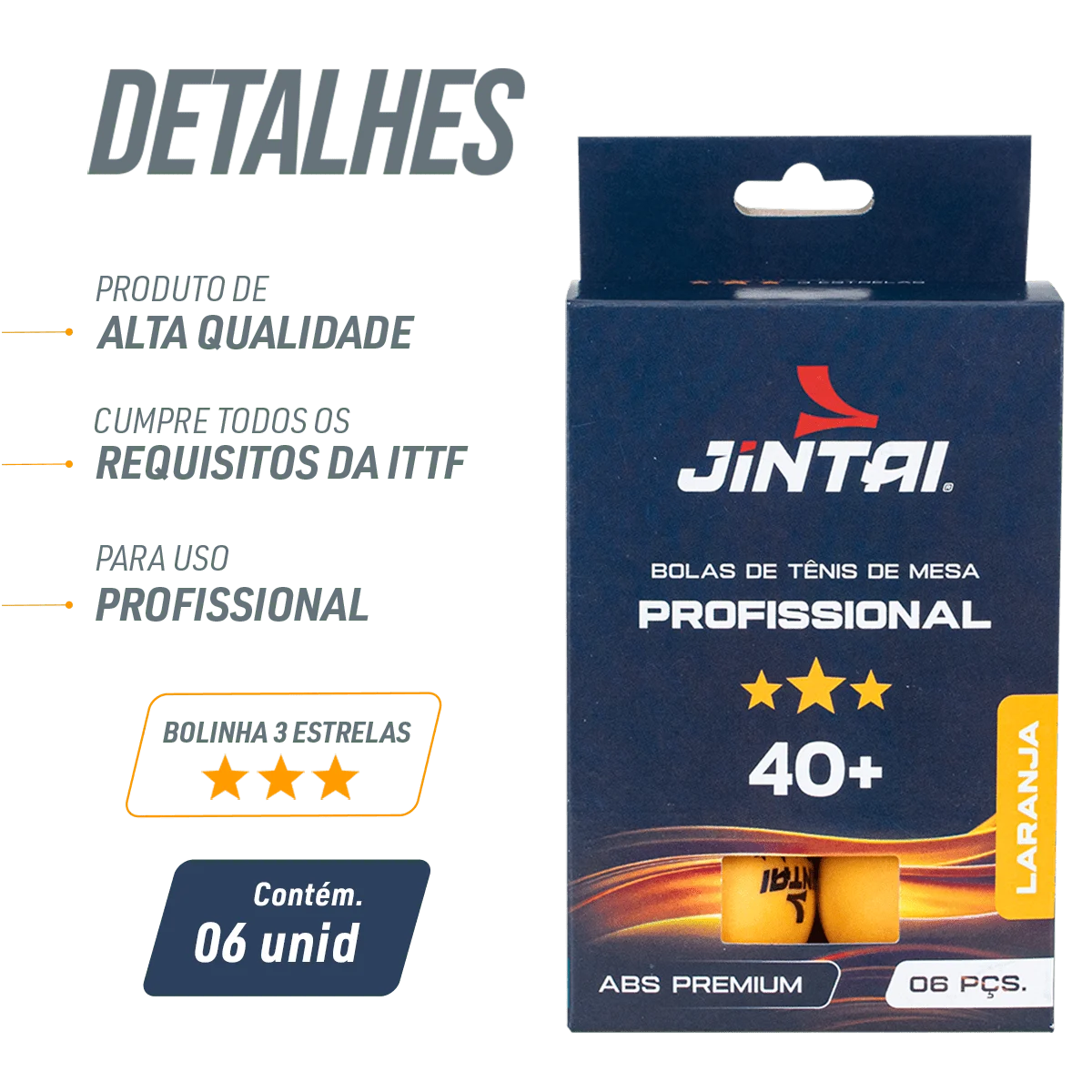 Bolinha de tênis de mesa 3 estrelas Premium Jintai - cnj com 6 und - BRANCA