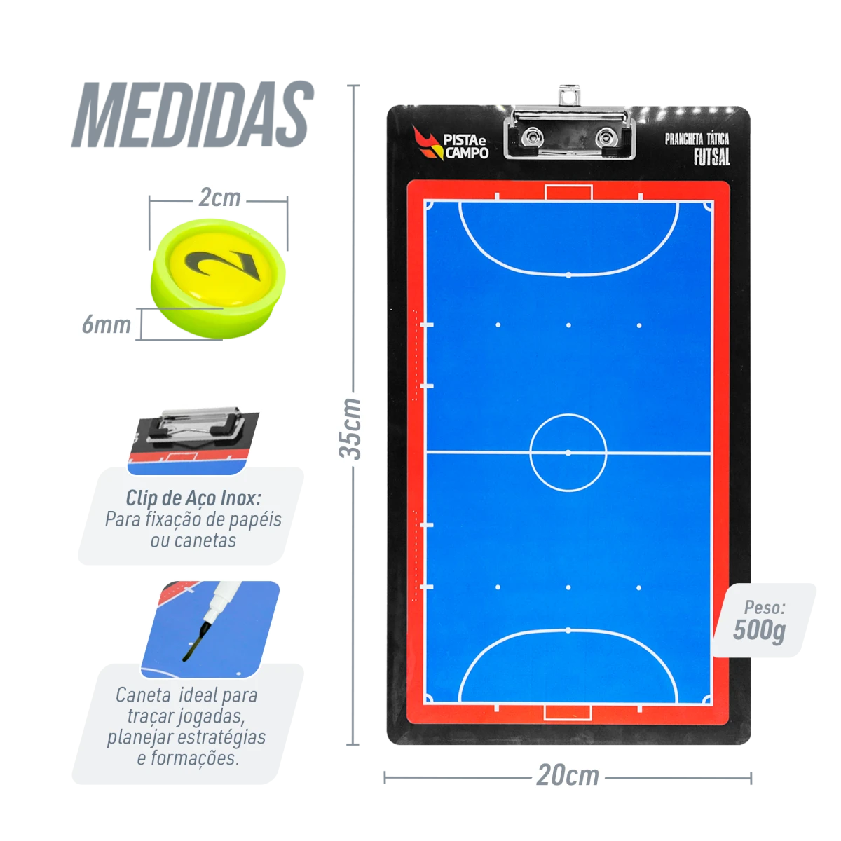 Prancheta tática magnética dupla face com caneta para treinamento de Futsal Pista e Campo